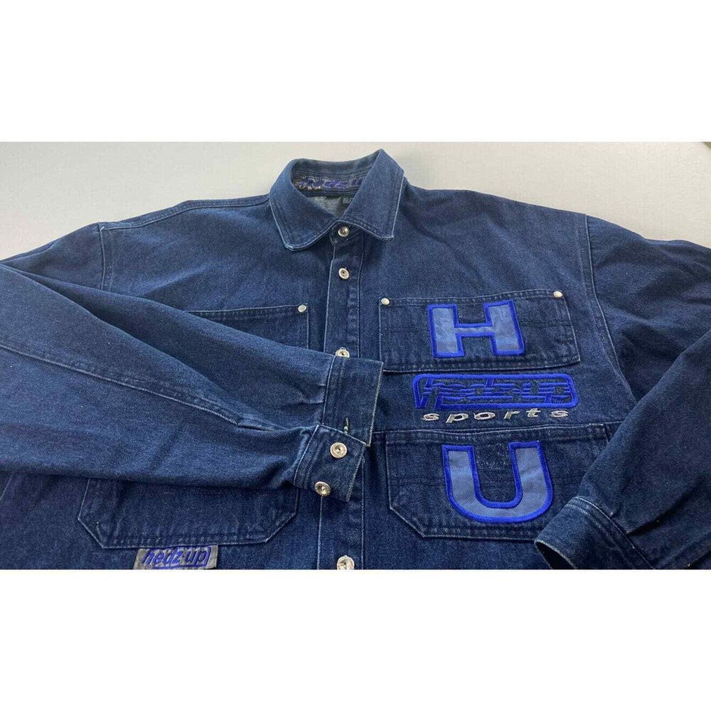Vintage Hedz Up sports Mens Large Blue Denim Button‎ Jac Shirt
